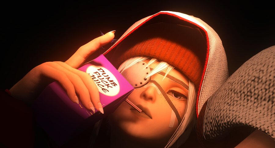 Kris sipping a juice box labelled Dumb Fuck Juice
